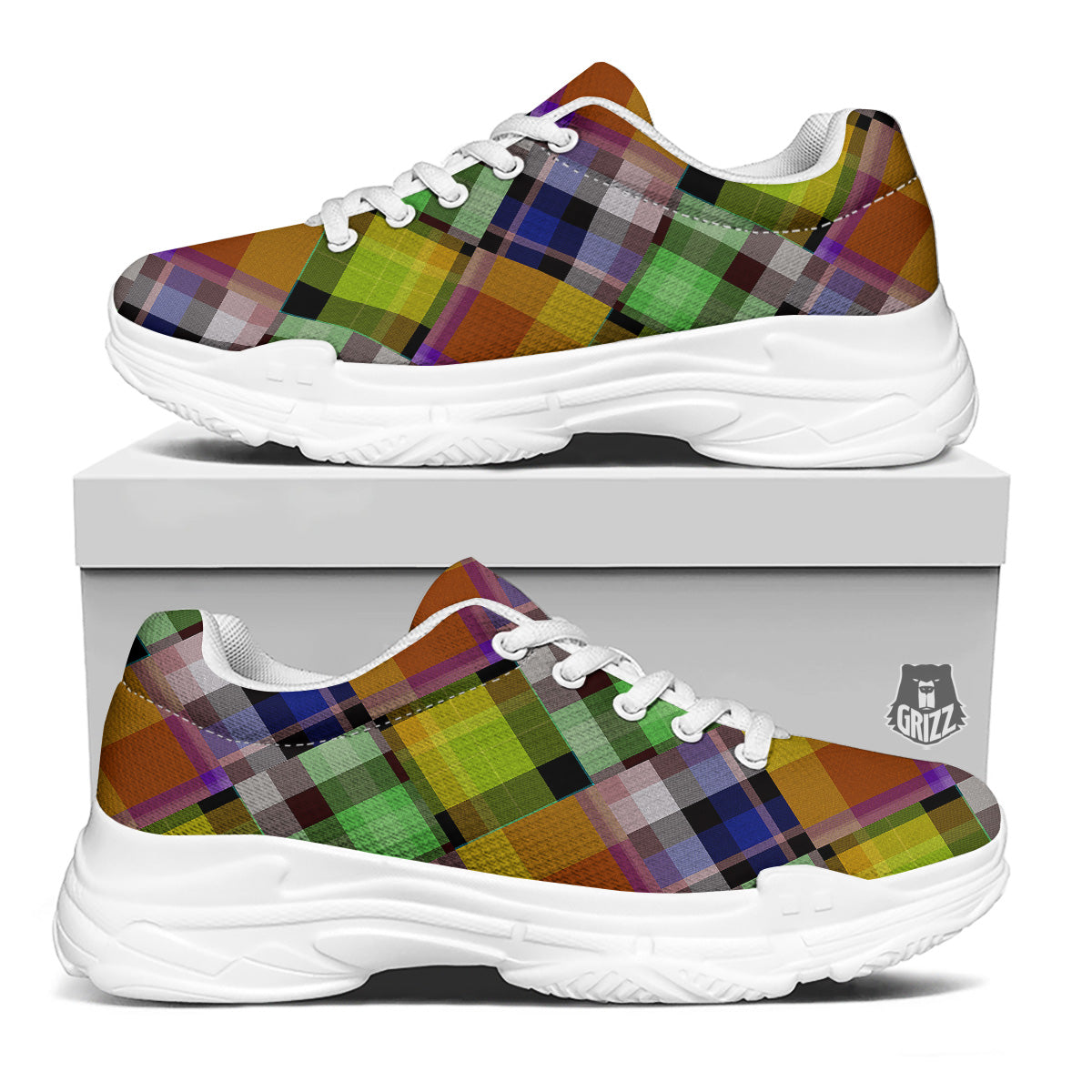 Diagonal Madras Plaid Print Pattern White Chunky Shoes-grizzshop
