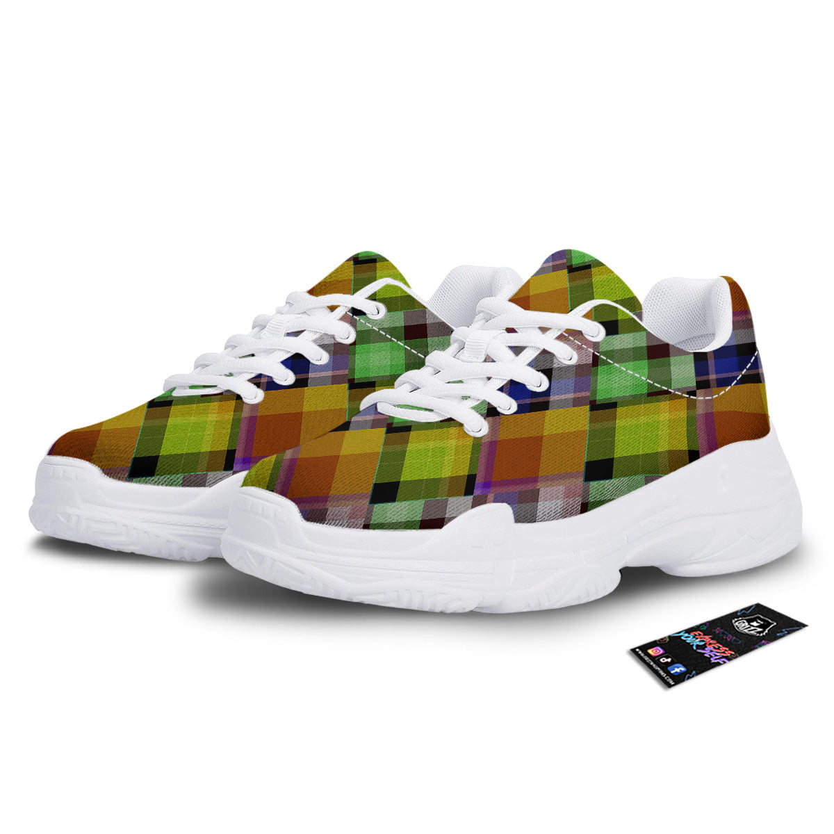 Diagonal Madras Plaid Print Pattern White Chunky Shoes-grizzshop