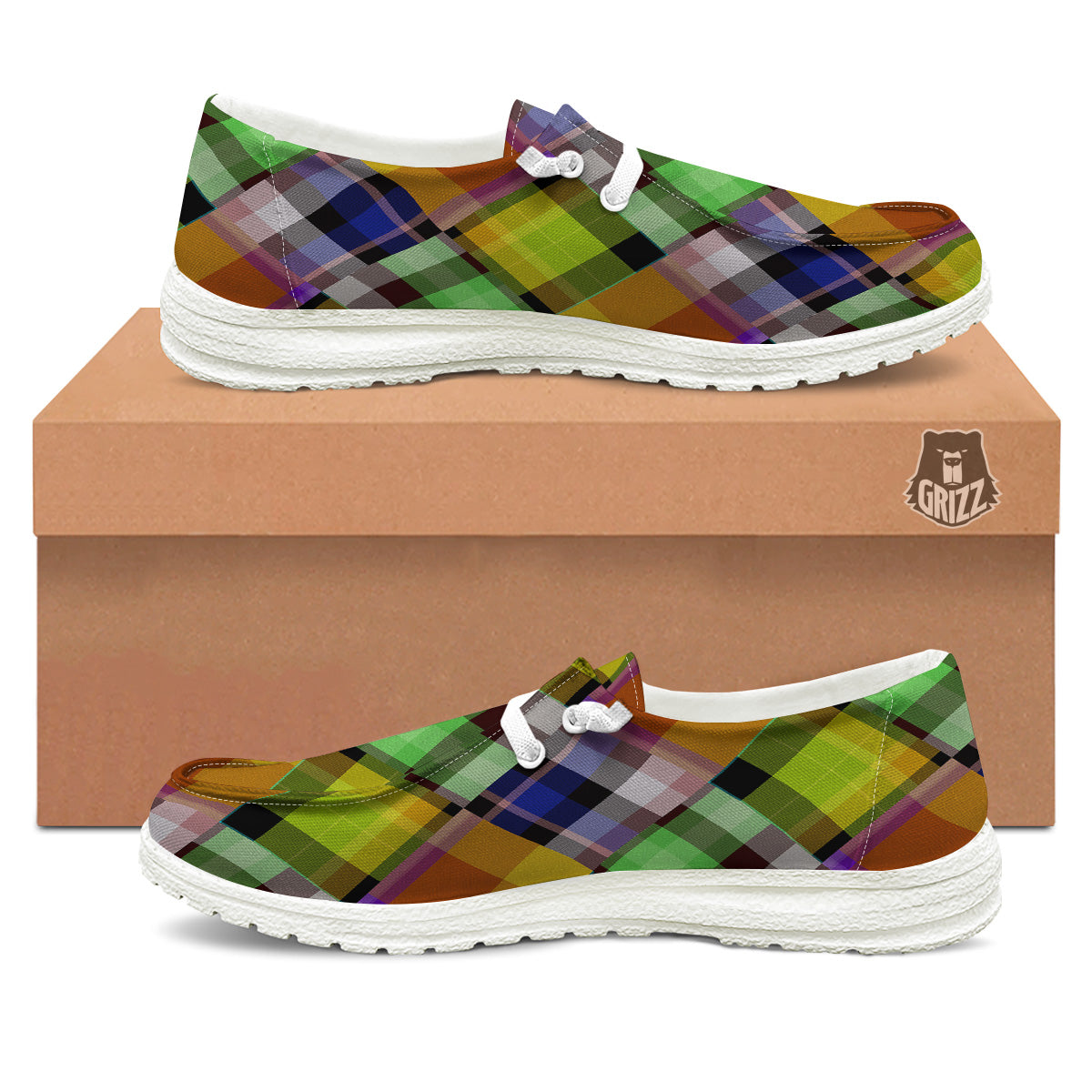 Diagonal Madras Plaid Print Pattern White Loafers-grizzshop
