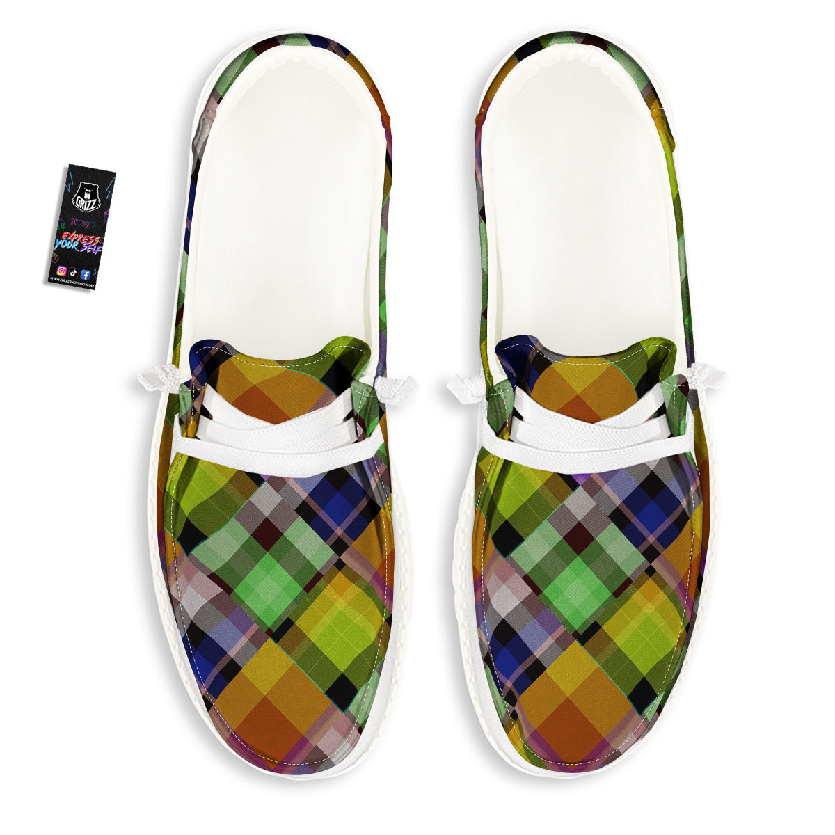 Diagonal Madras Plaid Print Pattern White Loafers-grizzshop