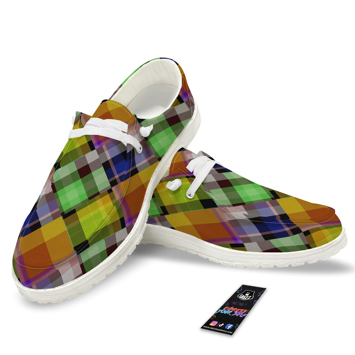 Diagonal Madras Plaid Print Pattern White Loafers-grizzshop