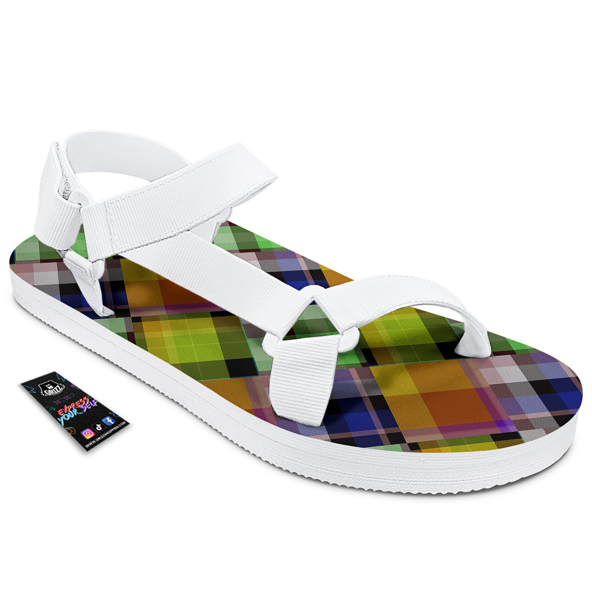 Diagonal Madras Plaid Print Pattern White Open Toe Sandals-grizzshop