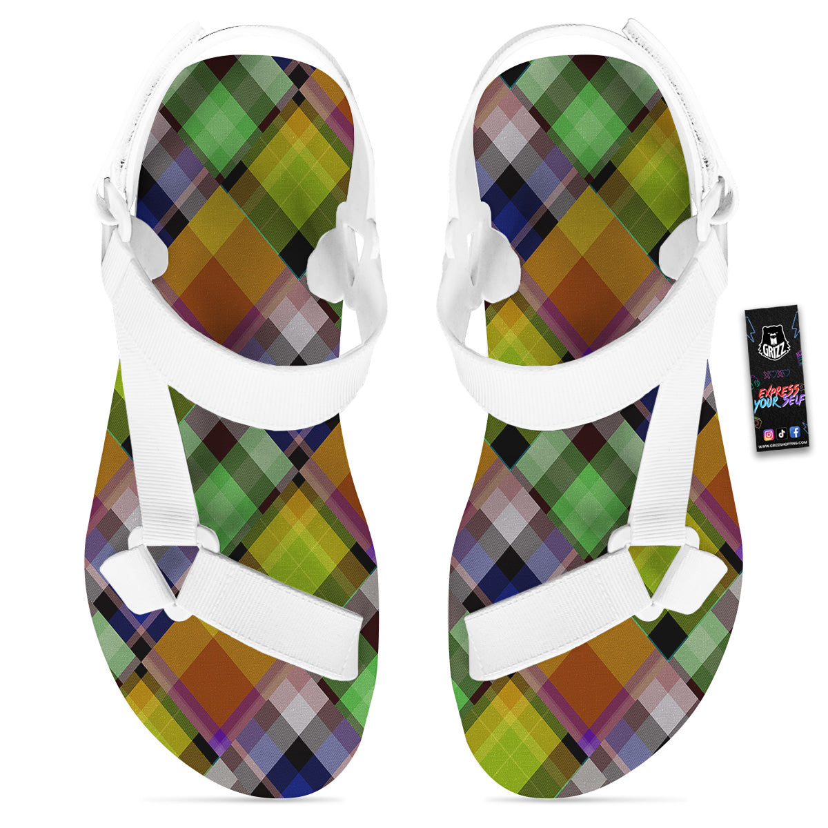 Diagonal Madras Plaid Print Pattern White Open Toe Sandals-grizzshop