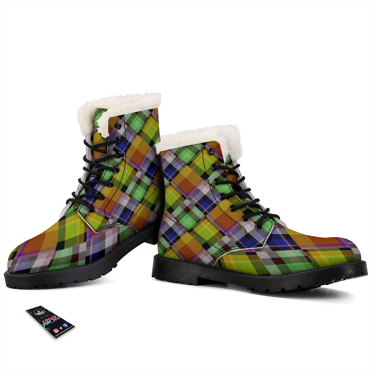 Diagonal Madras Plaid Print Pattern Winter Boots-grizzshop
