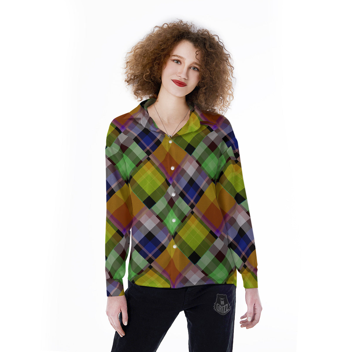 Diagonal Madras Plaid Print Pattern Women's Long Sleeve Shirts-grizzshop