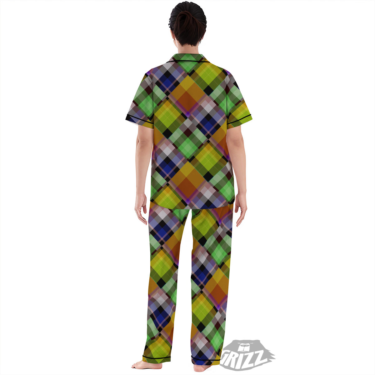 Diagonal Madras Plaid Print Pattern Women's Pajamas Set-grizzshop
