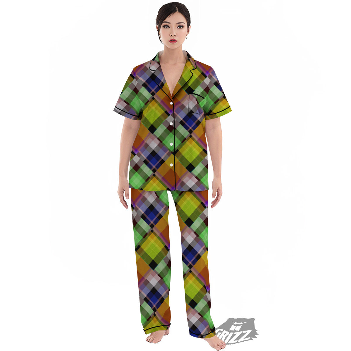Diagonal Madras Plaid Print Pattern Women's Pajamas Set-grizzshop