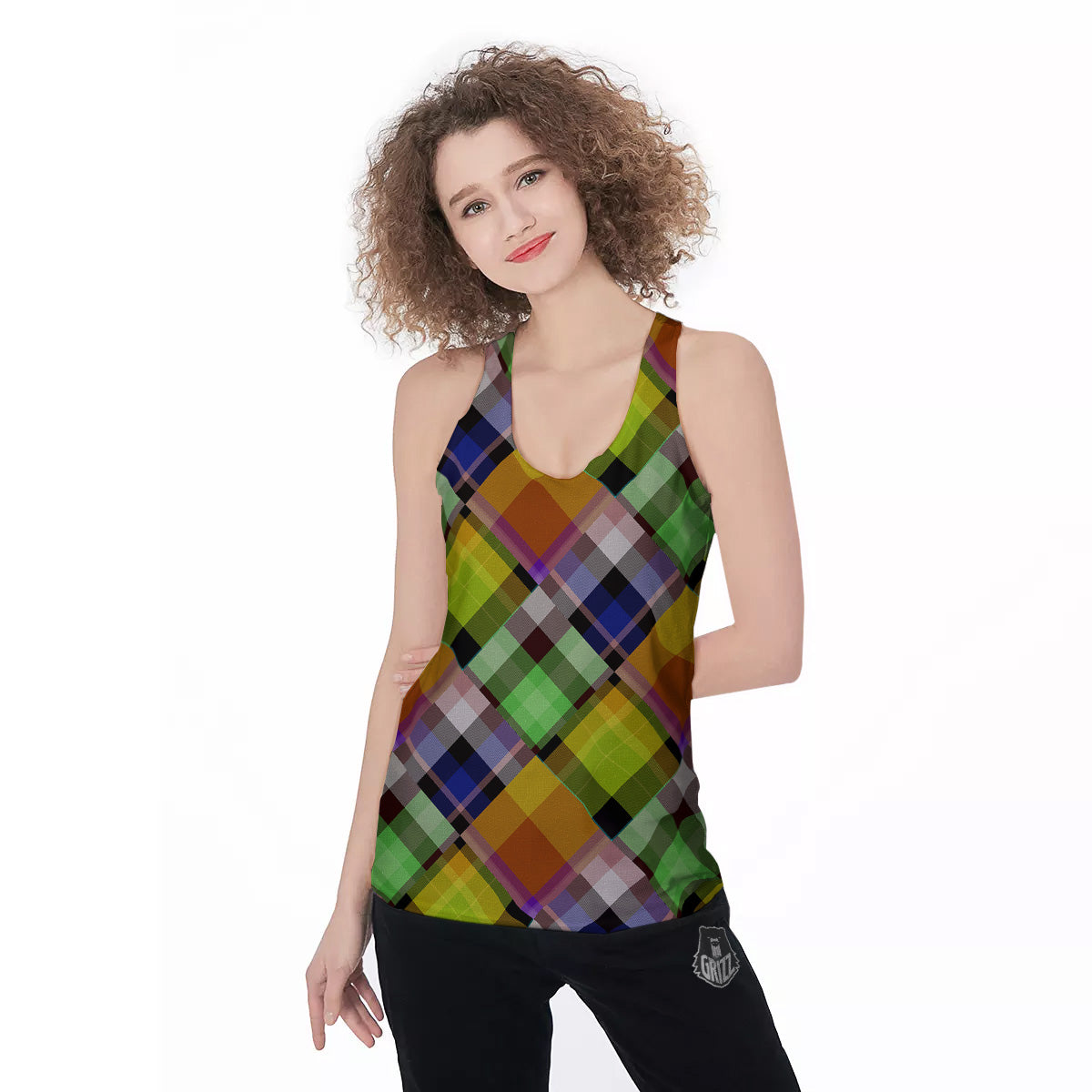 Diagonal Madras Plaid Print Pattern Women's Racerback Tank Top-grizzshop