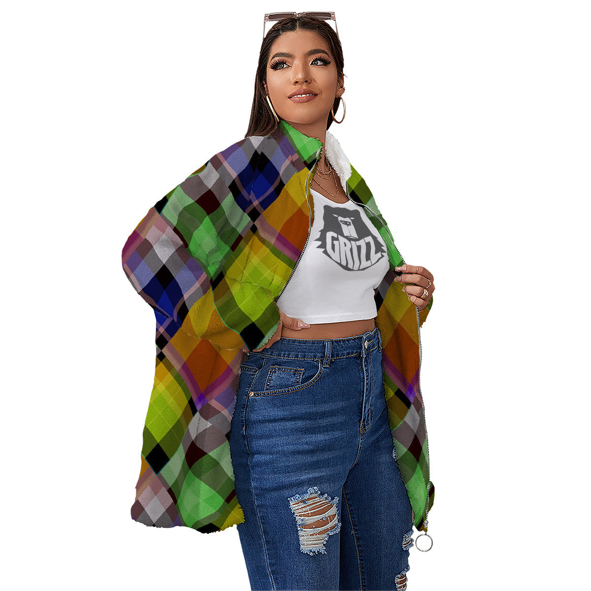 Diagonal Madras Plaid Print Pattern Women's Sherpa Jacket-grizzshop