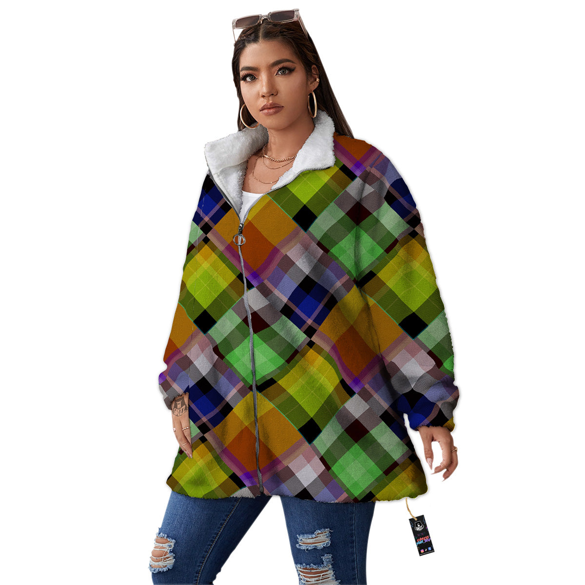 Diagonal Madras Plaid Print Pattern Women's Sherpa Jacket-grizzshop