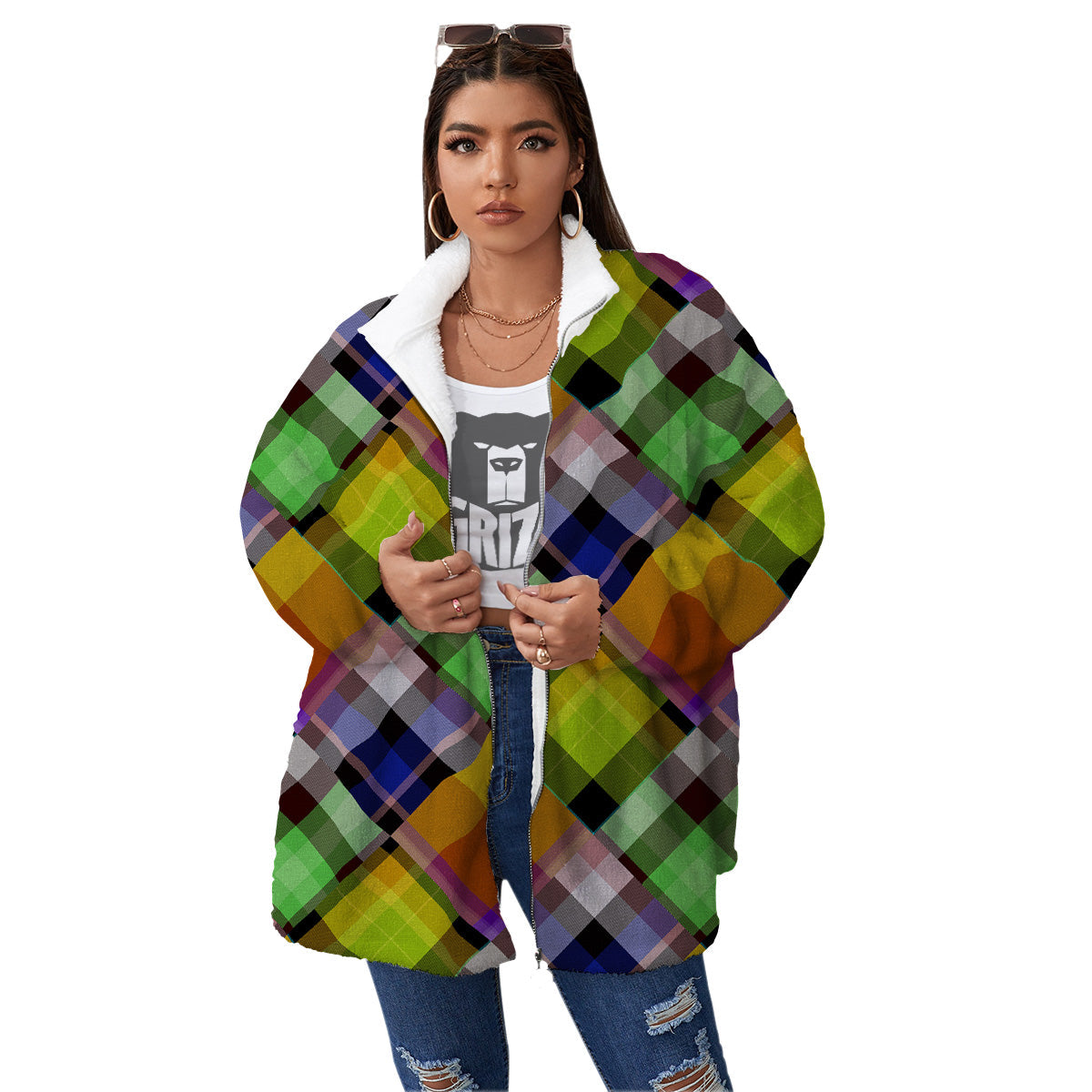 Diagonal Madras Plaid Print Pattern Women's Sherpa Jacket-grizzshop