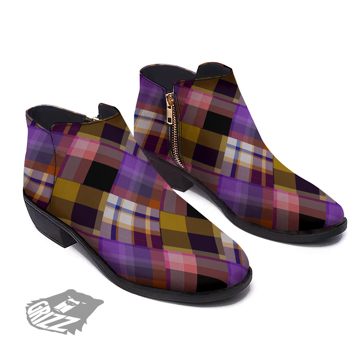 Diagonal Madras Tartan Plaid Print Pattern Ankle Boots-grizzshop