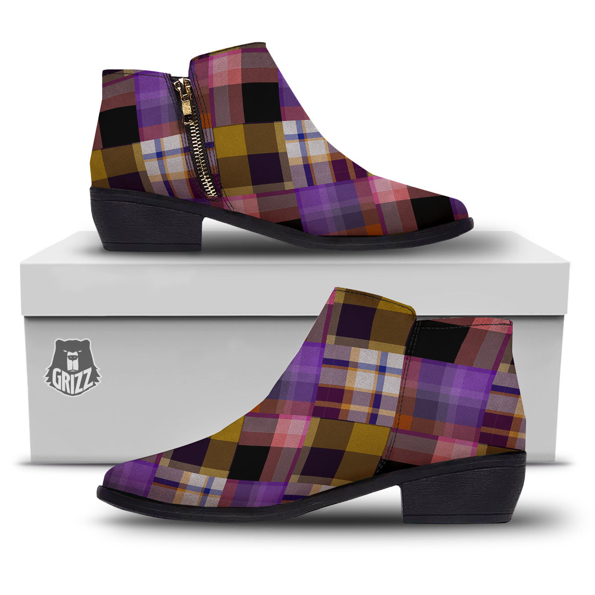 Diagonal Madras Tartan Plaid Print Pattern Ankle Boots-grizzshop