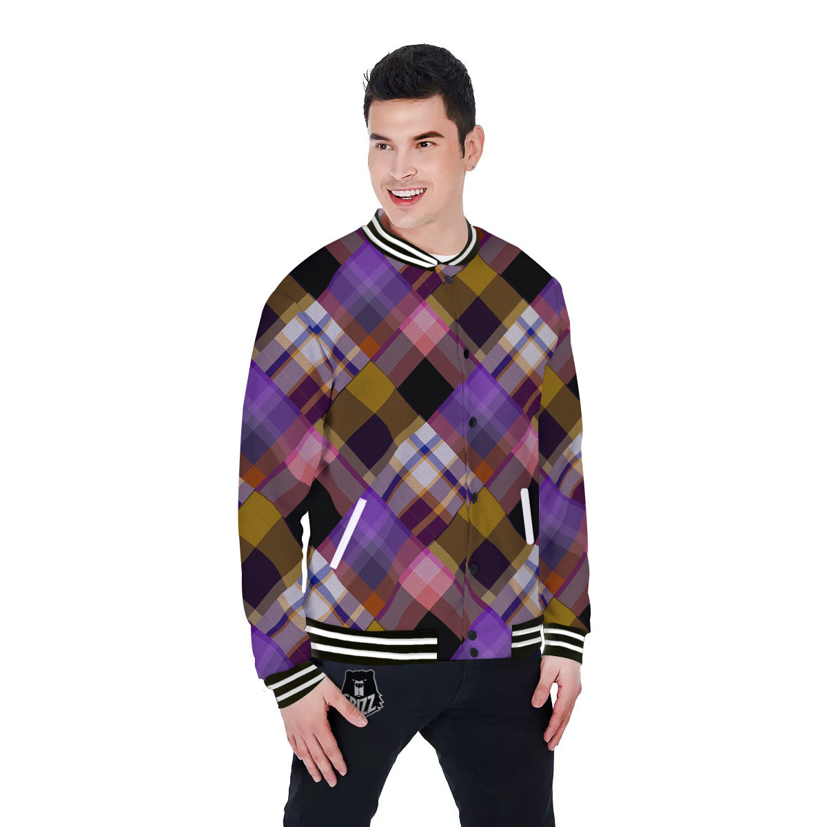 Diagonal Madras Tartan Plaid Print Pattern Baseball Jacket-grizzshop