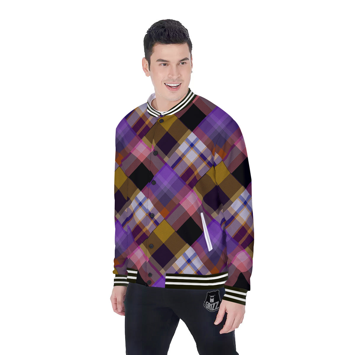 Diagonal Madras Tartan Plaid Print Pattern Baseball Jacket-grizzshop