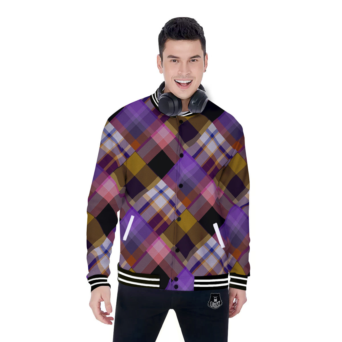 Diagonal Madras Tartan Plaid Print Pattern Baseball Jacket-grizzshop
