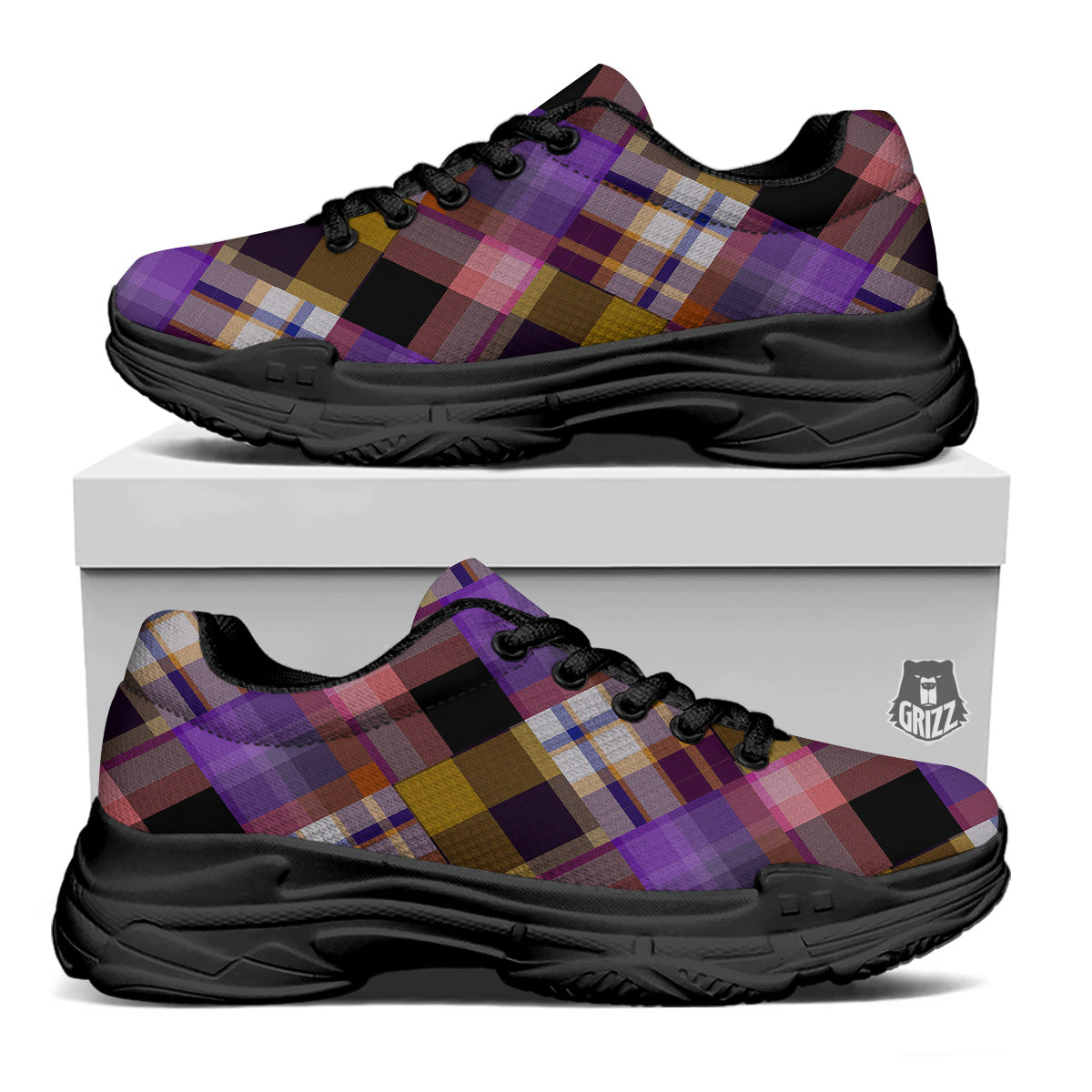Diagonal Madras Tartan Plaid Print Pattern Black Chunky Shoes-grizzshop