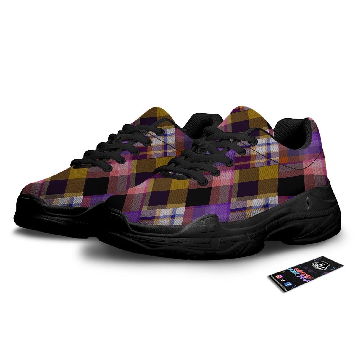 Diagonal Madras Tartan Plaid Print Pattern Black Chunky Shoes-grizzshop