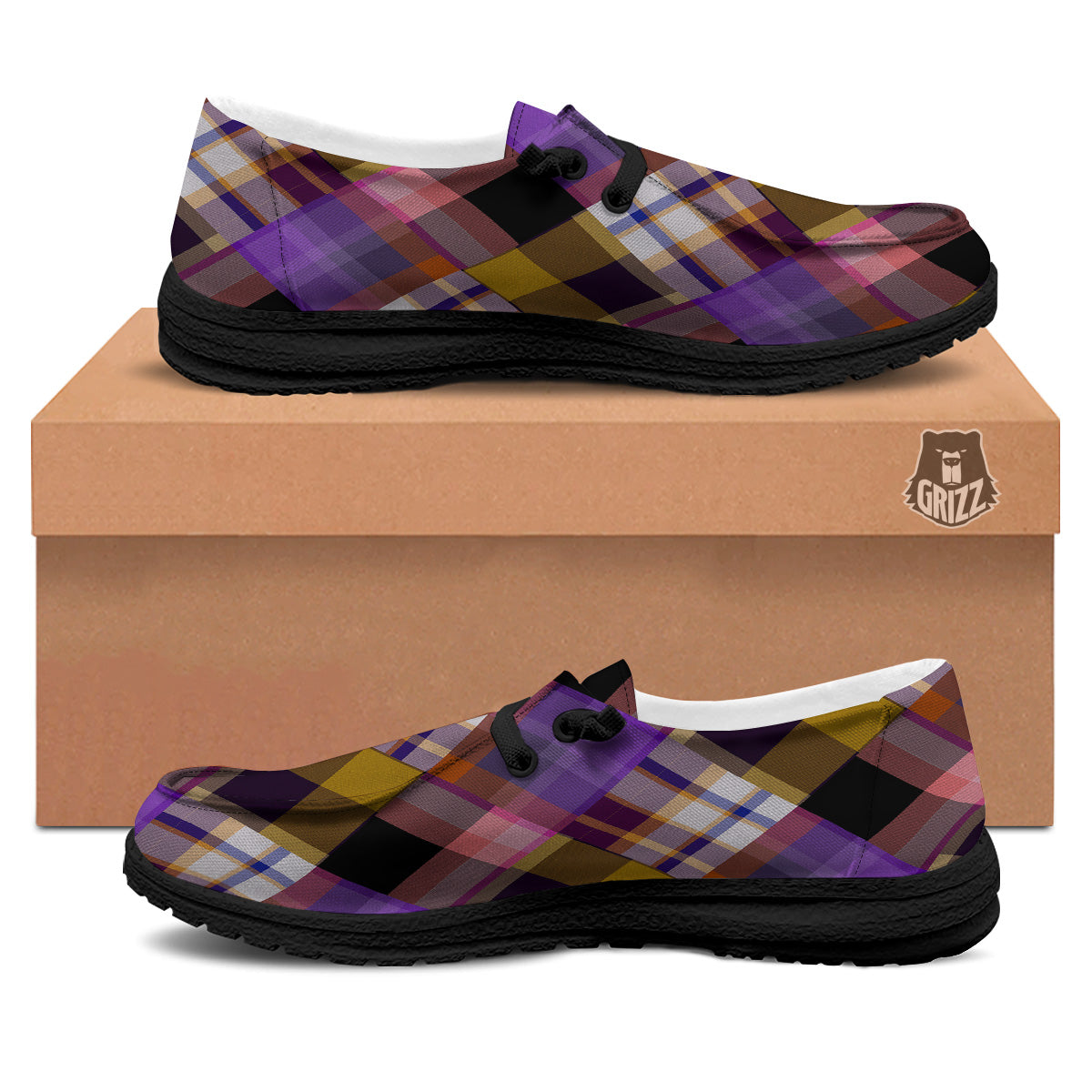 Diagonal Madras Tartan Plaid Print Pattern Black Loafers-grizzshop