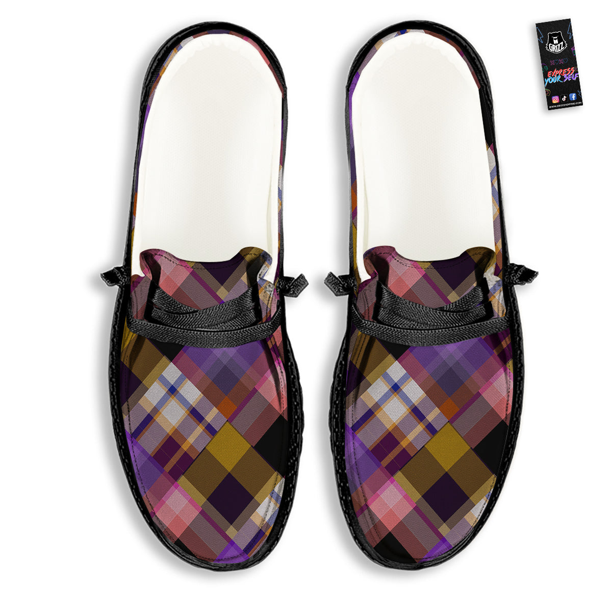 Diagonal Madras Tartan Plaid Print Pattern Black Loafers-grizzshop