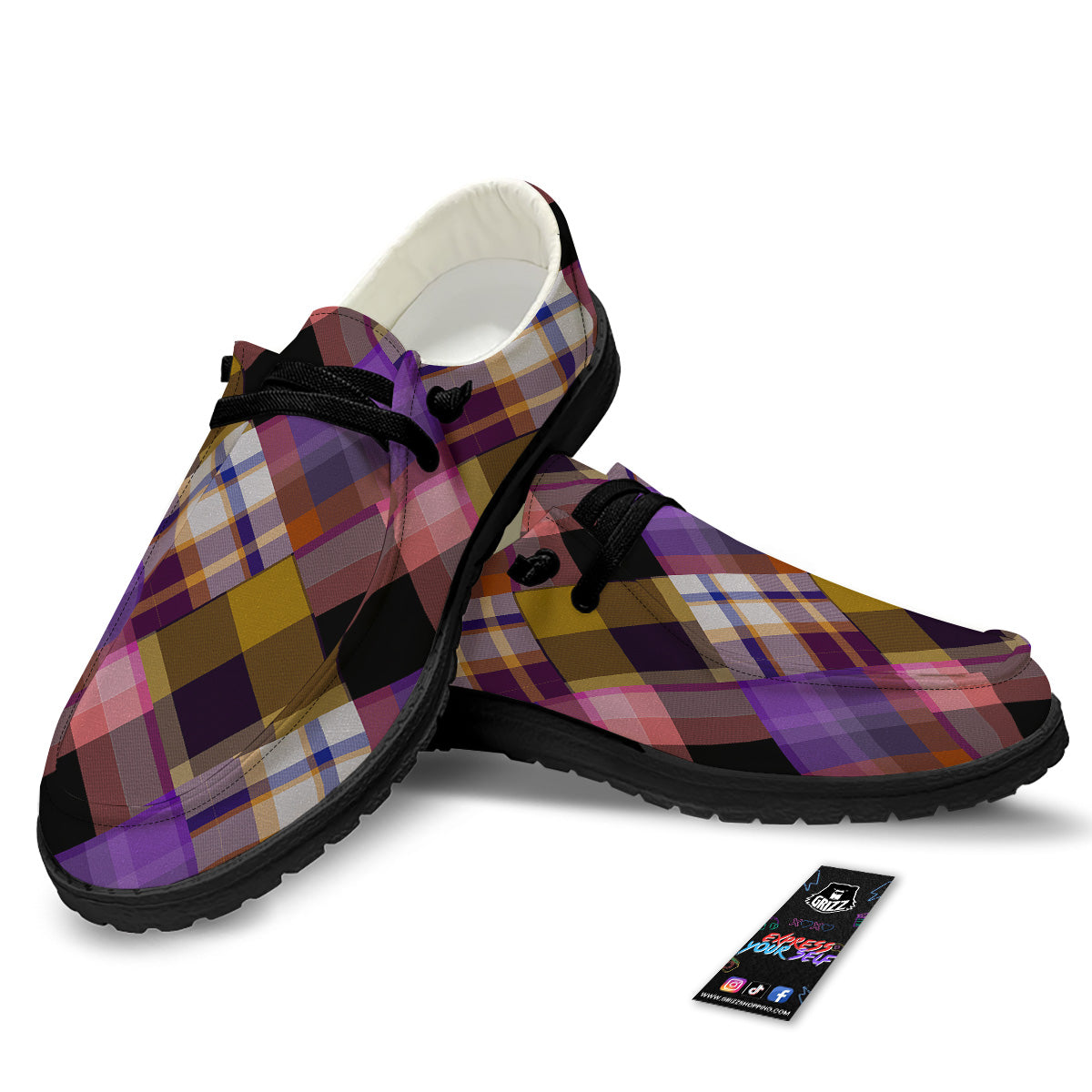 Diagonal Madras Tartan Plaid Print Pattern Black Loafers-grizzshop