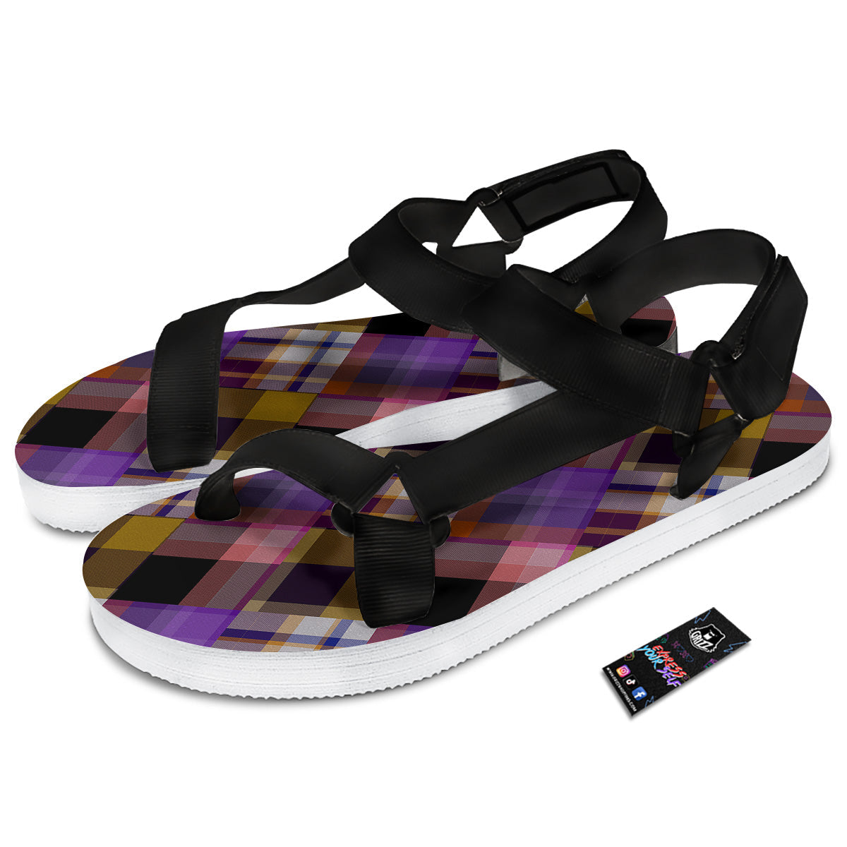 Diagonal Madras Tartan Plaid Print Pattern Black Open Toe Sandals-grizzshop