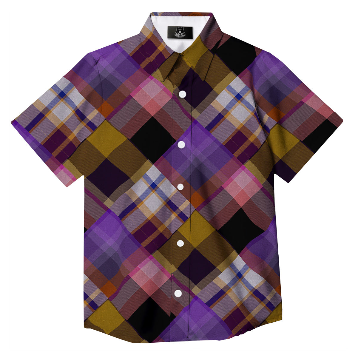 Diagonal Madras Tartan Plaid Print Pattern Button Up Shirt-grizzshop
