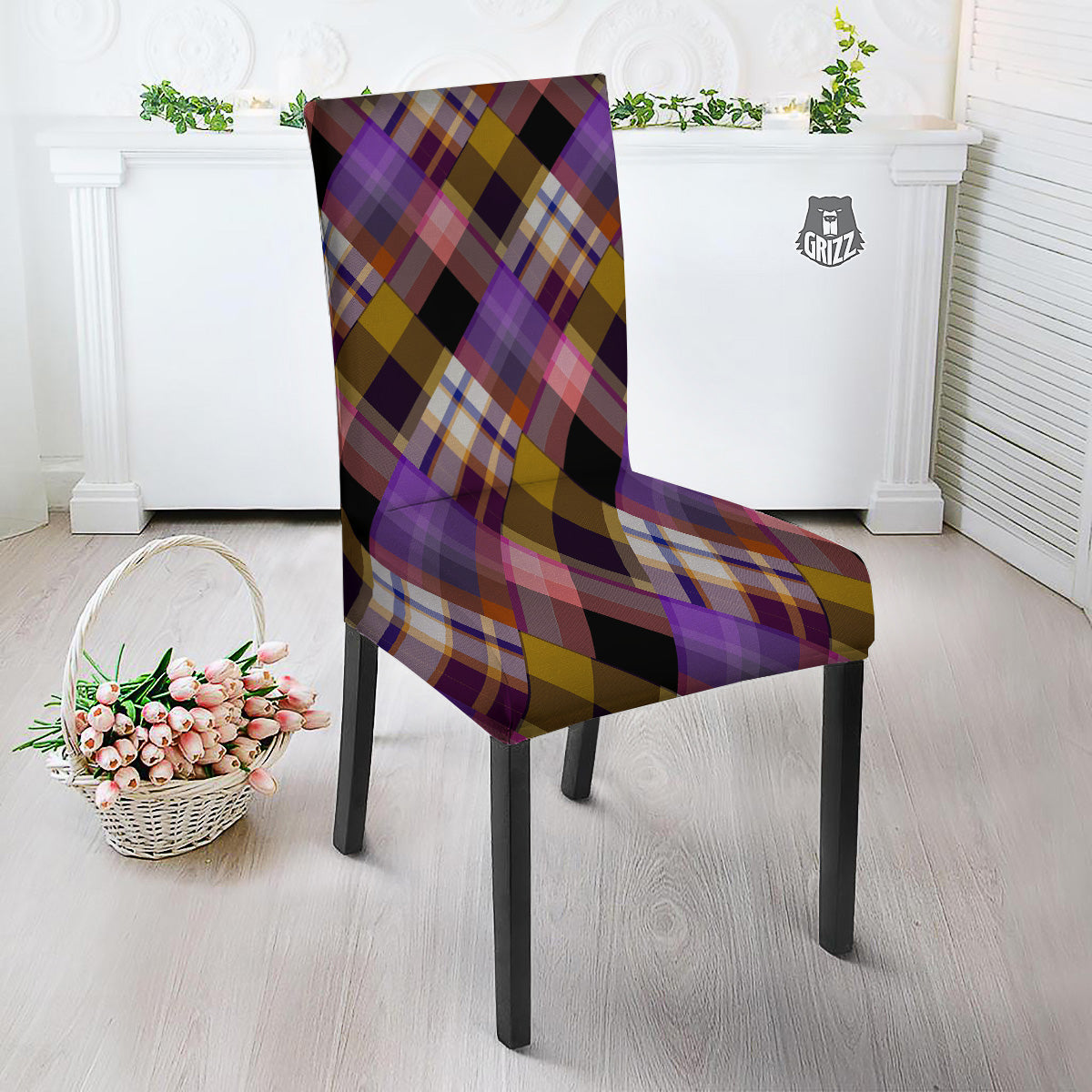 Diagonal Madras Tartan Plaid Print Pattern Dining Chair Slipcover-grizzshop
