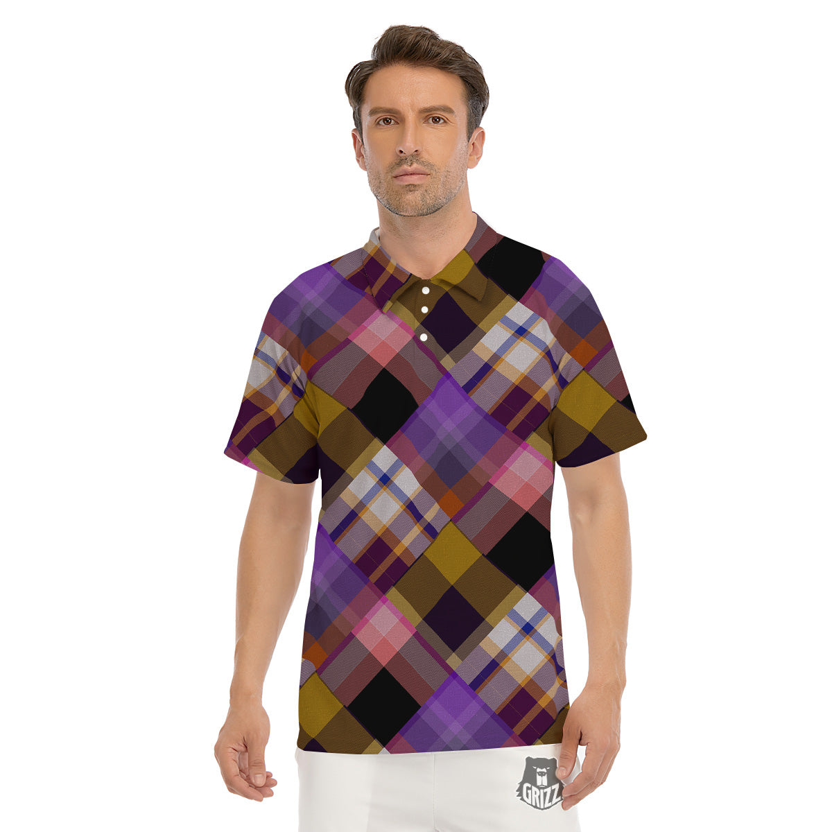 Diagonal Madras Tartan Plaid Print Pattern Men's Golf Shirts-grizzshop