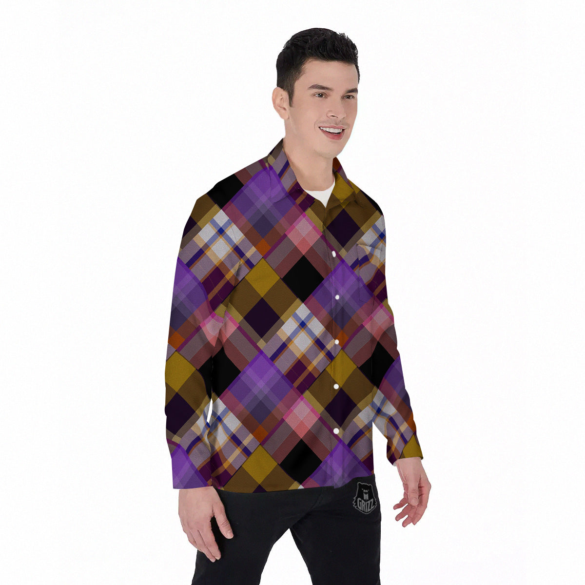 Diagonal Madras Tartan Plaid Print Pattern Men's Long Sleeve Shirts-grizzshop