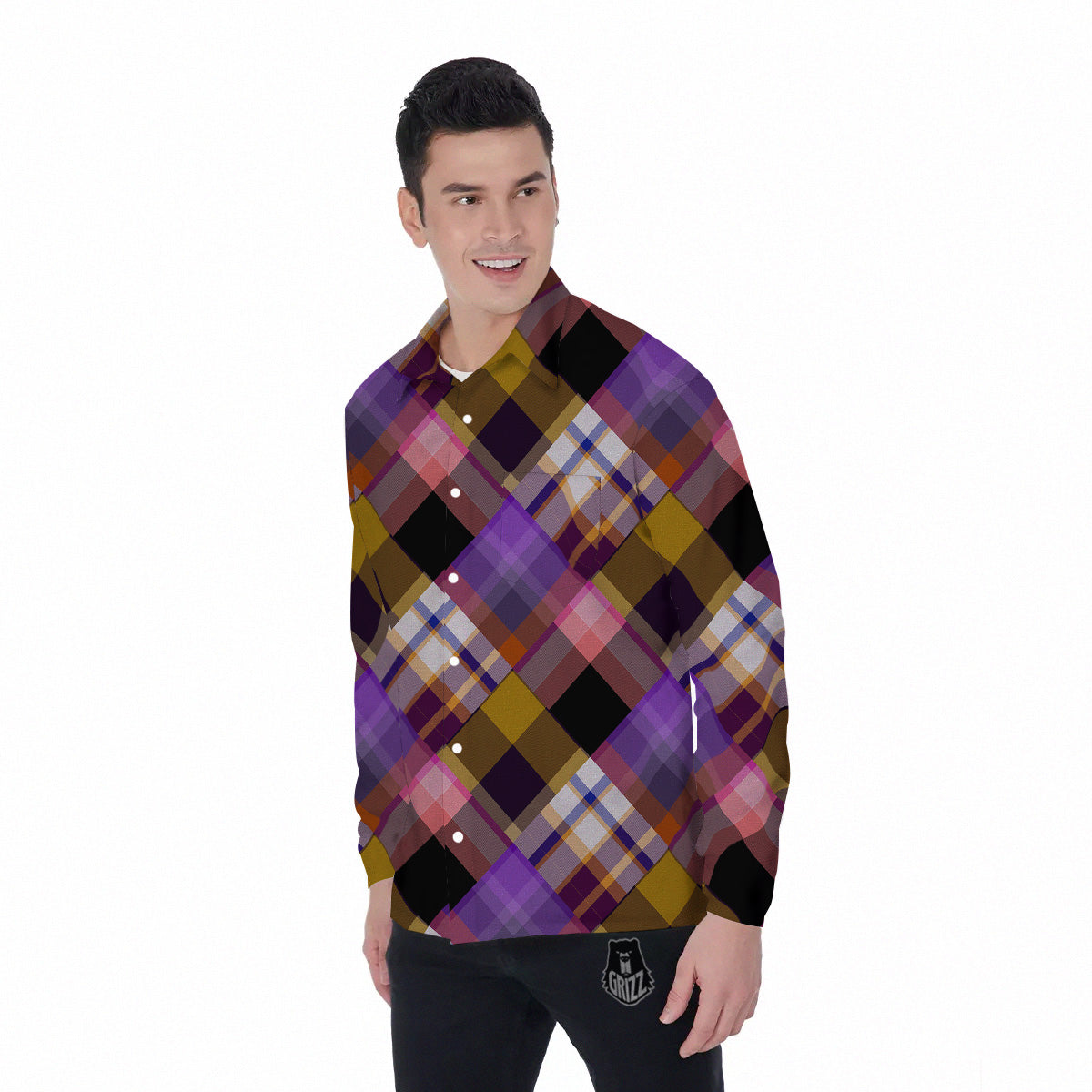 Diagonal Madras Tartan Plaid Print Pattern Men's Long Sleeve Shirts-grizzshop