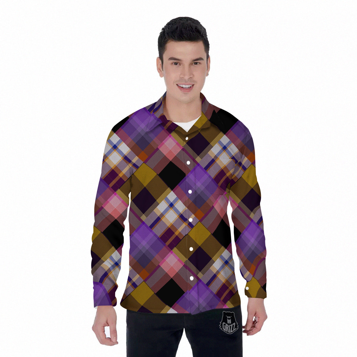 Diagonal Madras Tartan Plaid Print Pattern Men's Long Sleeve Shirts-grizzshop