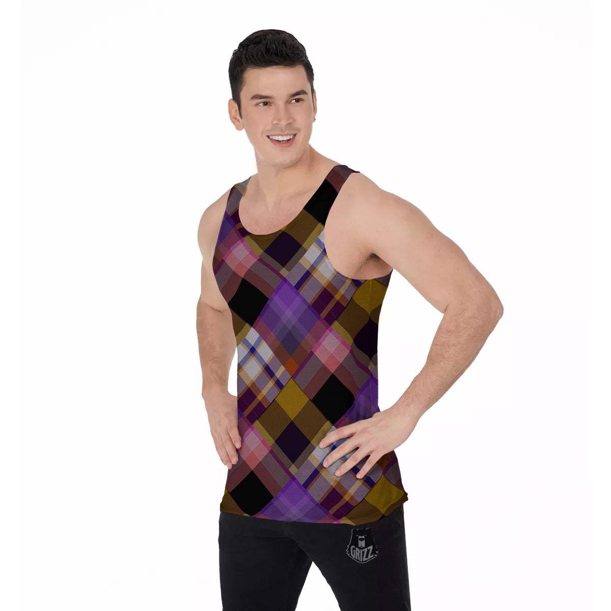 Diagonal Madras Tartan Plaid Print Pattern Men's Tank Top-grizzshop