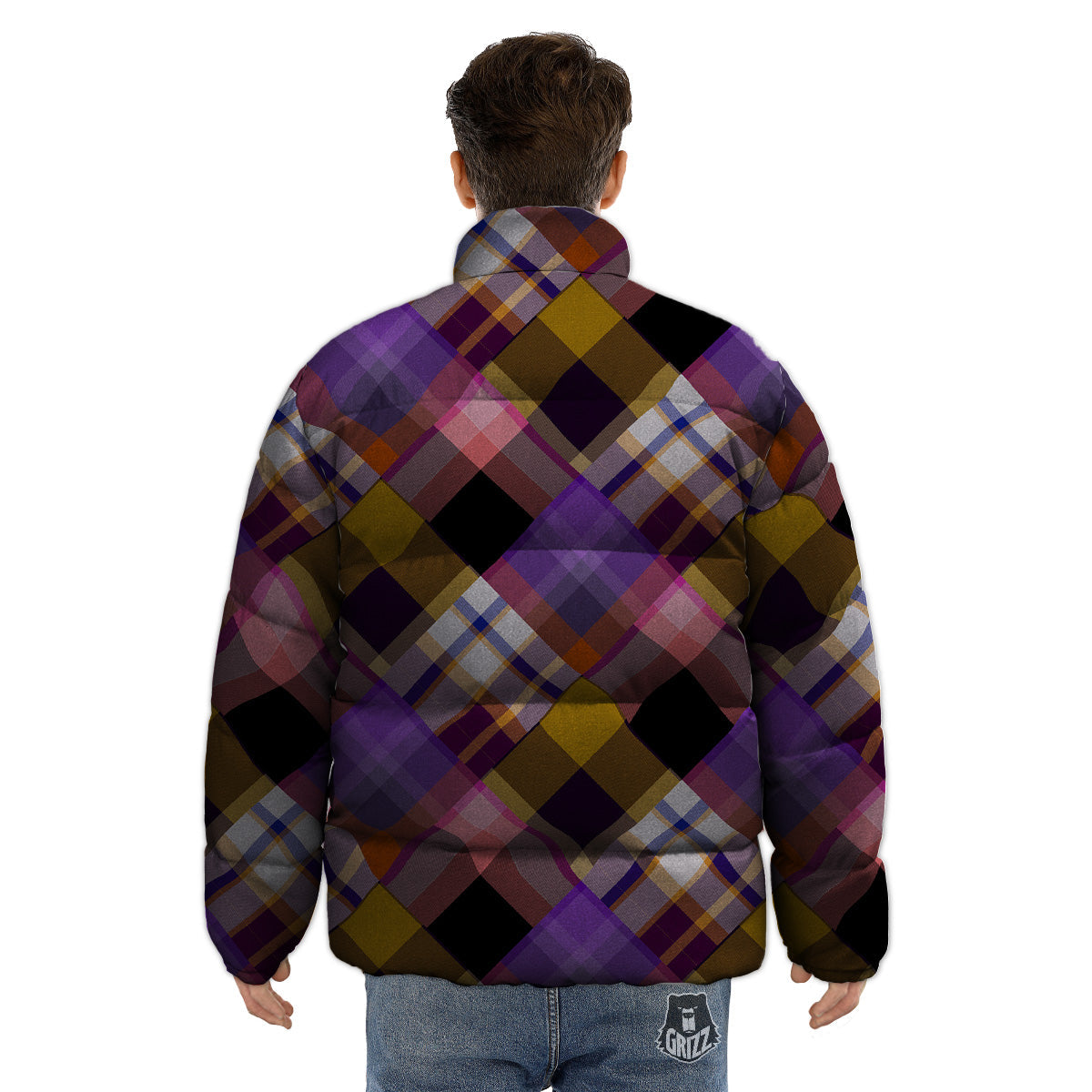 Diagonal Madras Tartan Plaid Print Pattern Puffer Jacket-grizzshop