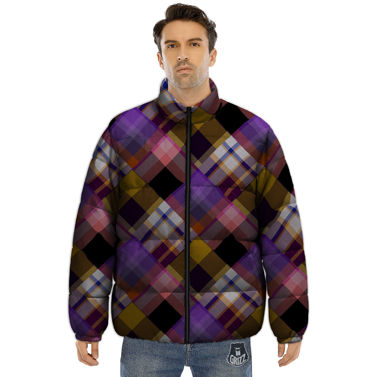 Diagonal Madras Tartan Plaid Print Pattern Puffer Jacket-grizzshop