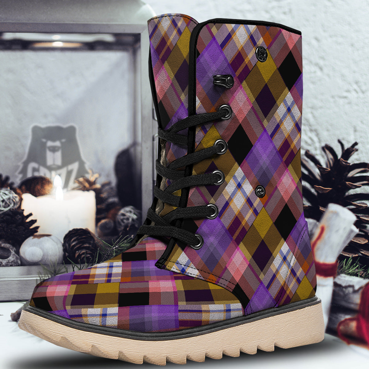 Diagonal Madras Tartan Plaid Print Pattern Snow Boots-grizzshop