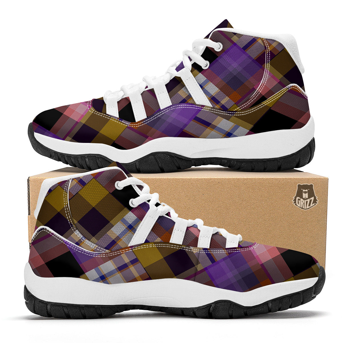 Diagonal Madras Tartan Plaid Print Pattern White Bball Shoes-grizzshop