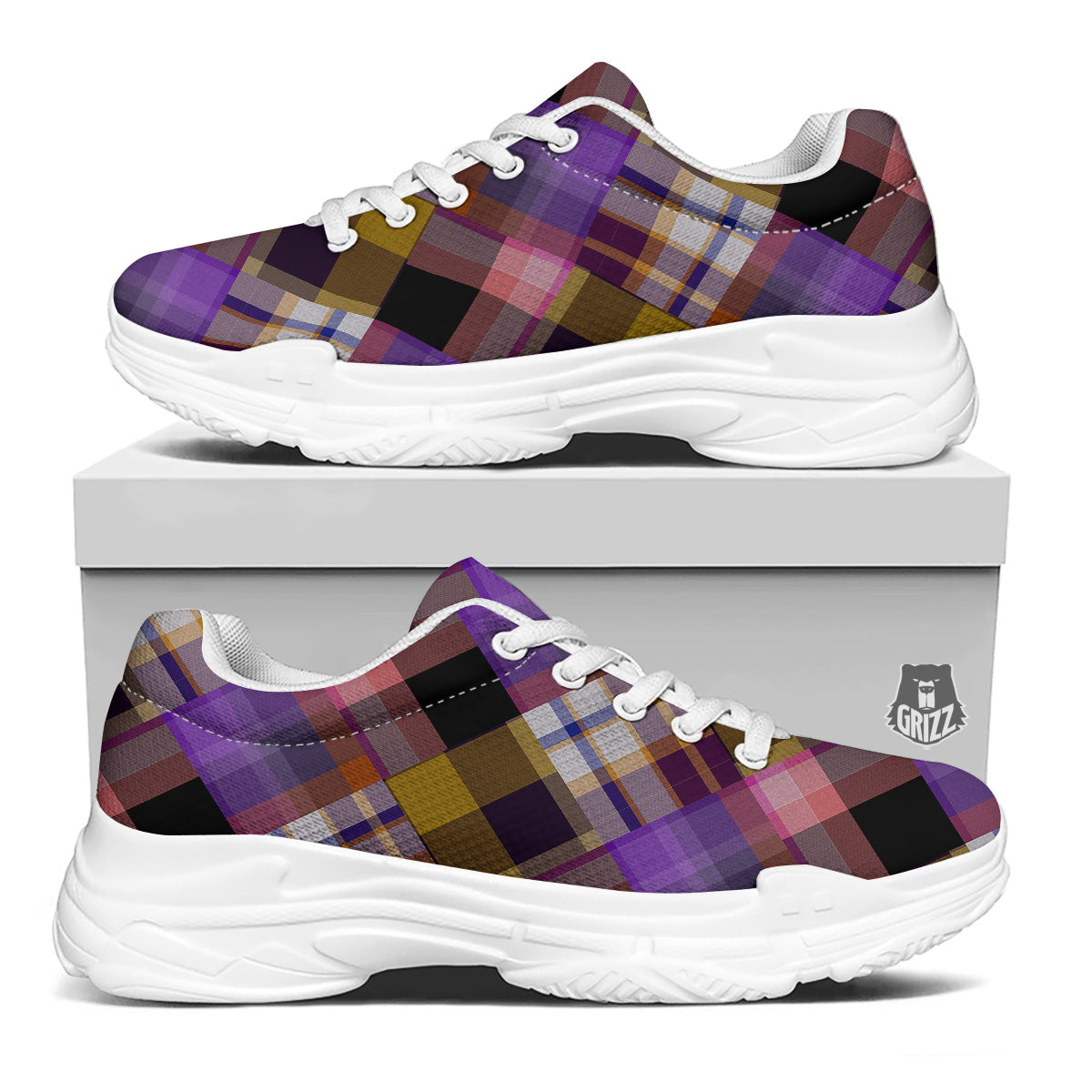 Diagonal Madras Tartan Plaid Print Pattern White Chunky Shoes-grizzshop