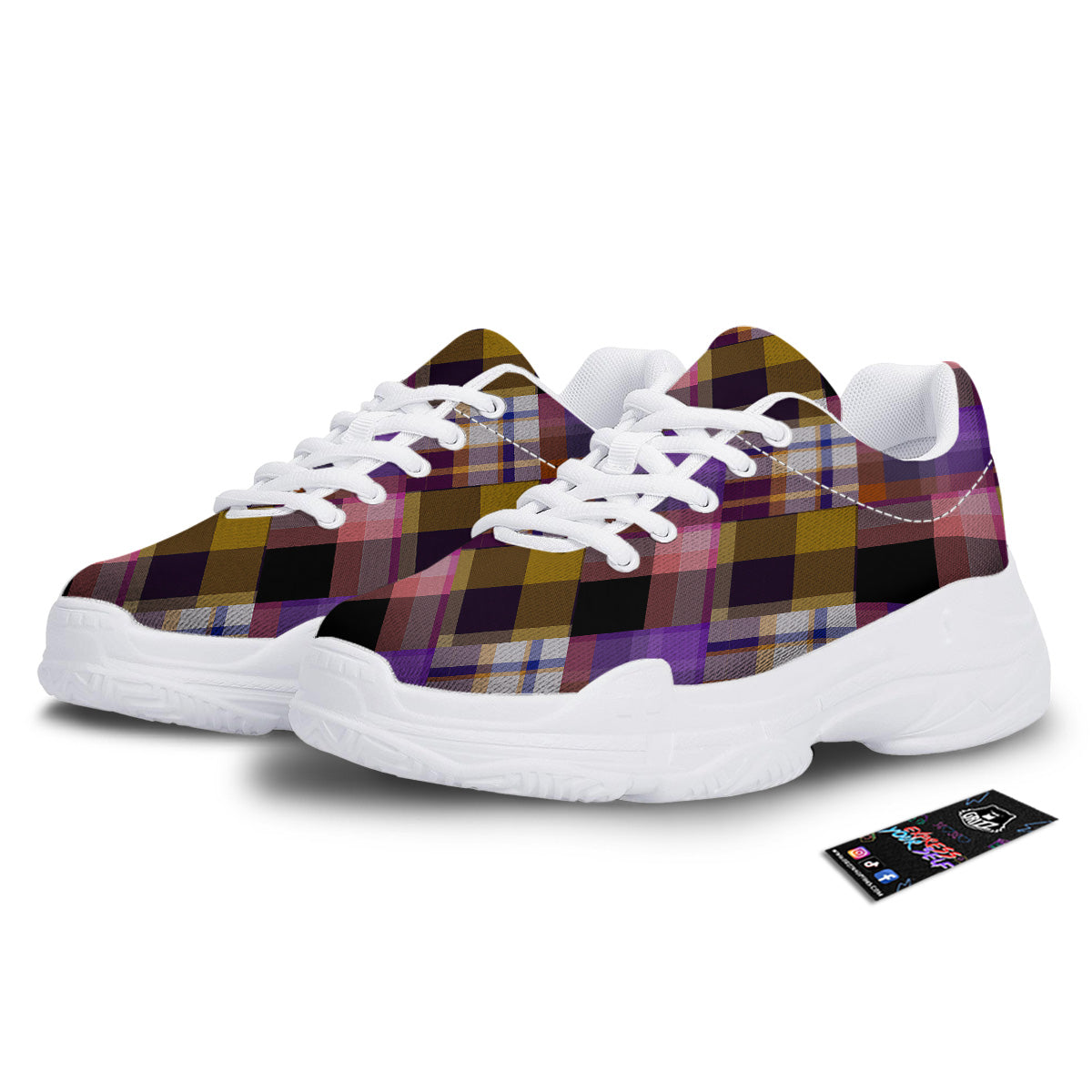 Diagonal Madras Tartan Plaid Print Pattern White Chunky Shoes-grizzshop