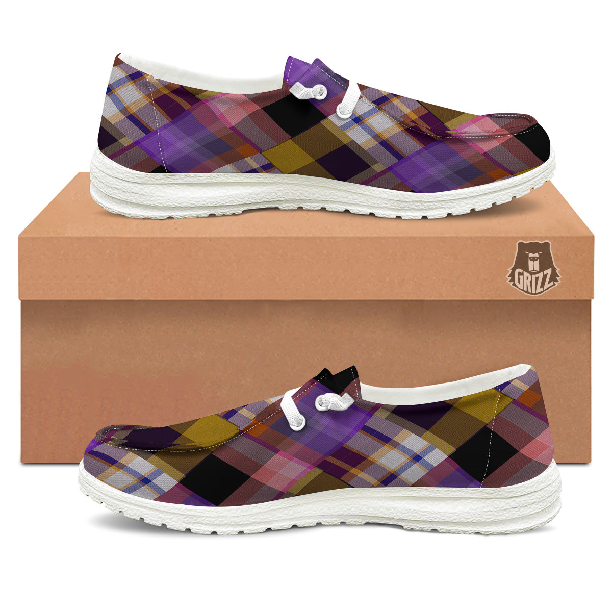 Diagonal Madras Tartan Plaid Print Pattern White Loafers-grizzshop
