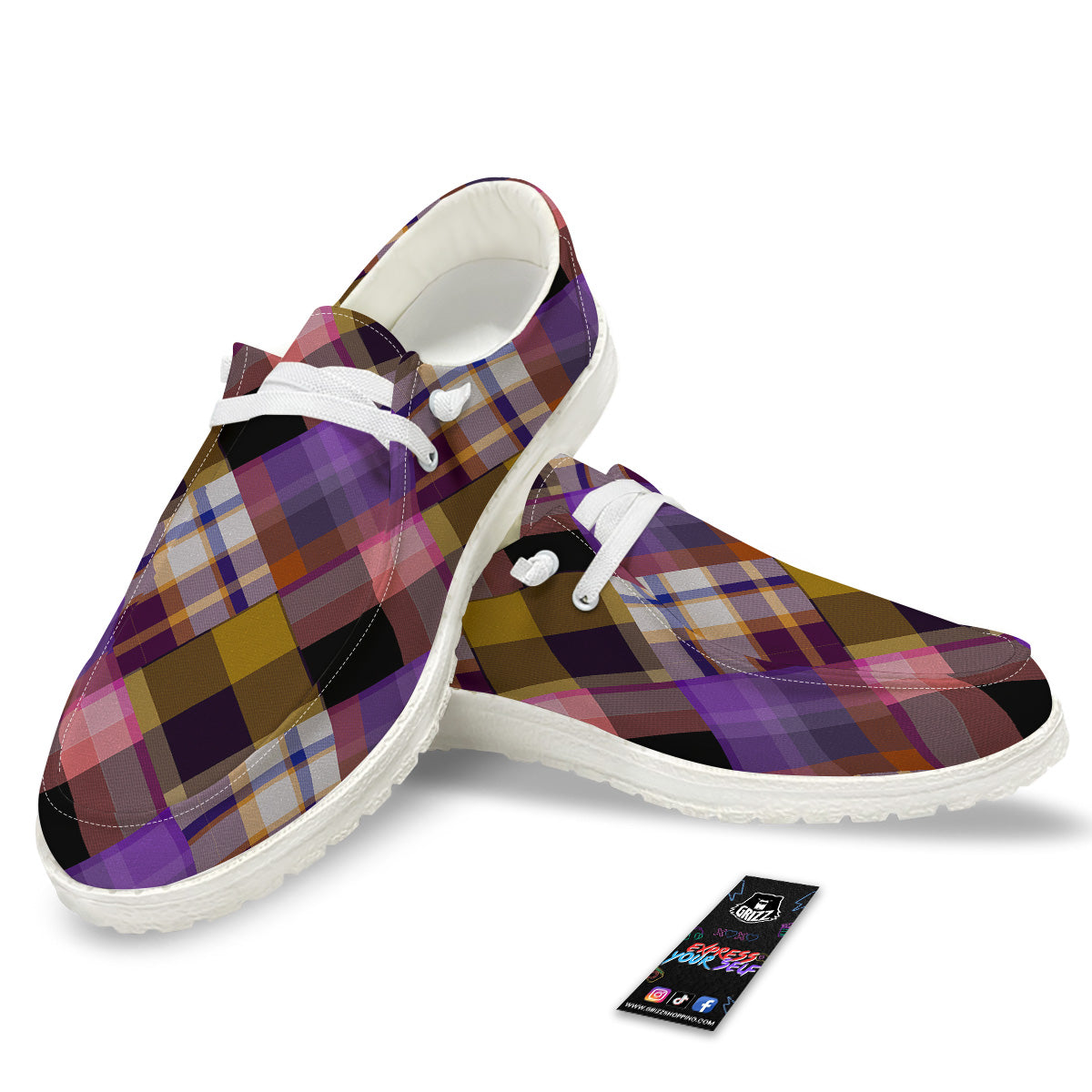 Diagonal Madras Tartan Plaid Print Pattern White Loafers-grizzshop