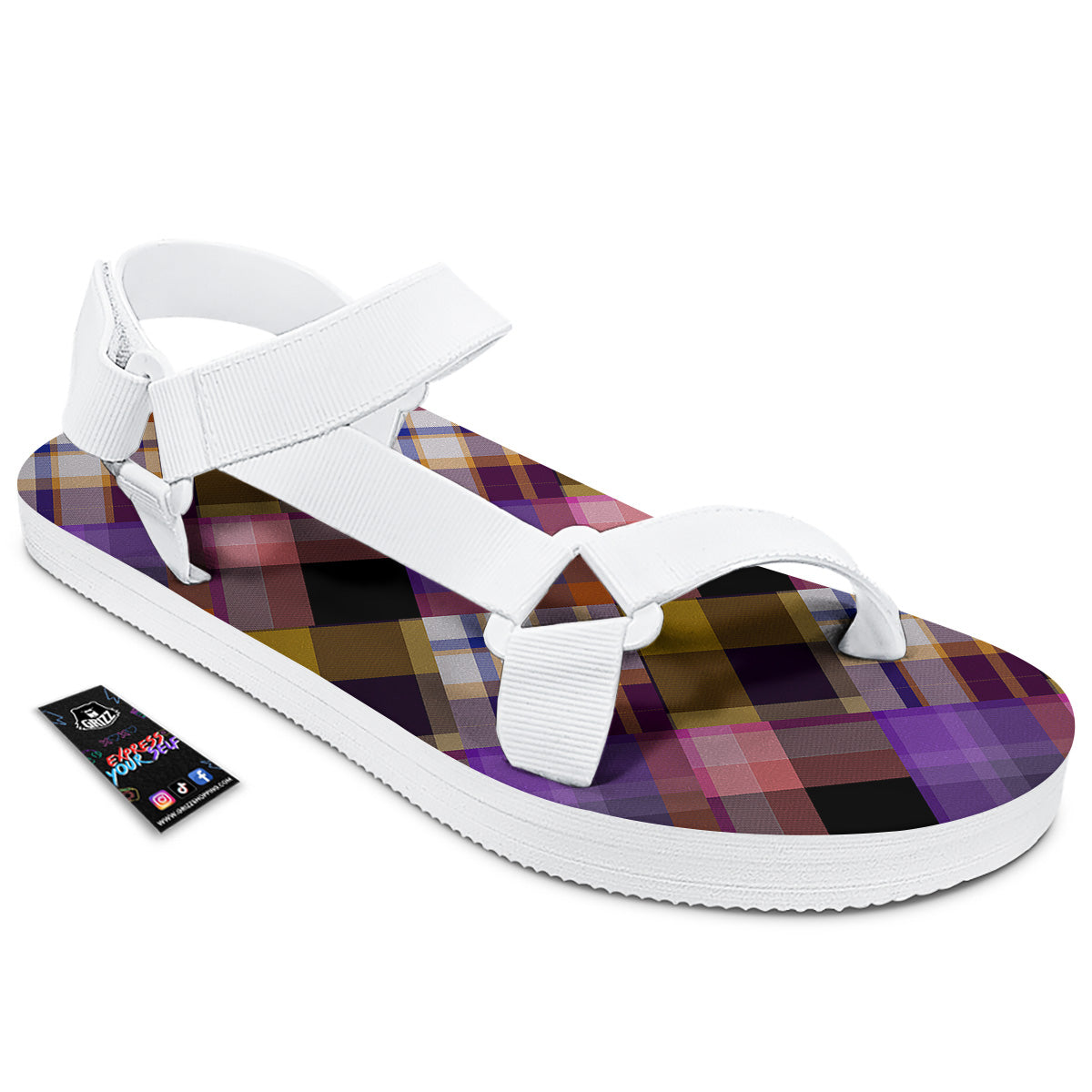 Diagonal Madras Tartan Plaid Print Pattern White Open Toe Sandals-grizzshop