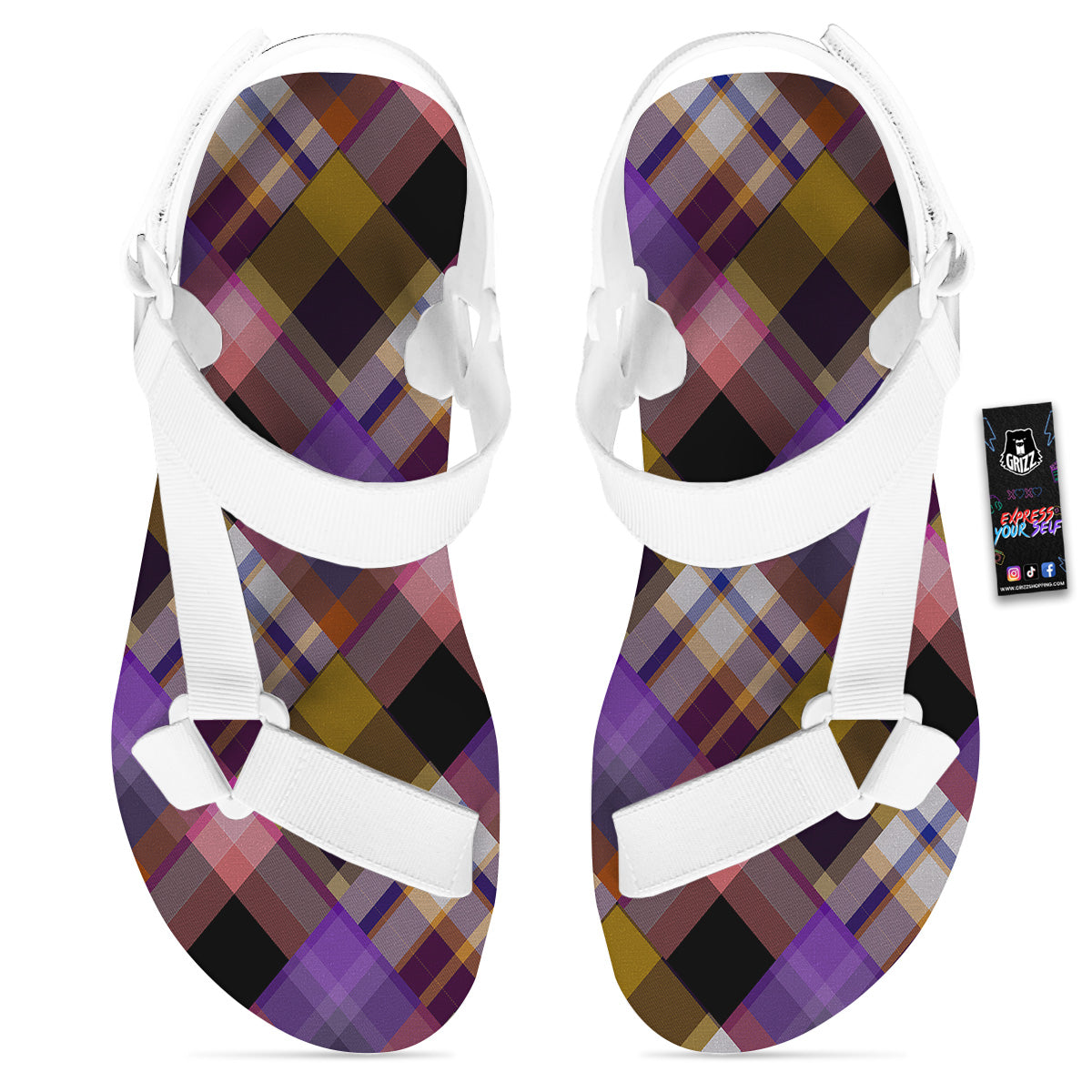 Diagonal Madras Tartan Plaid Print Pattern White Open Toe Sandals-grizzshop