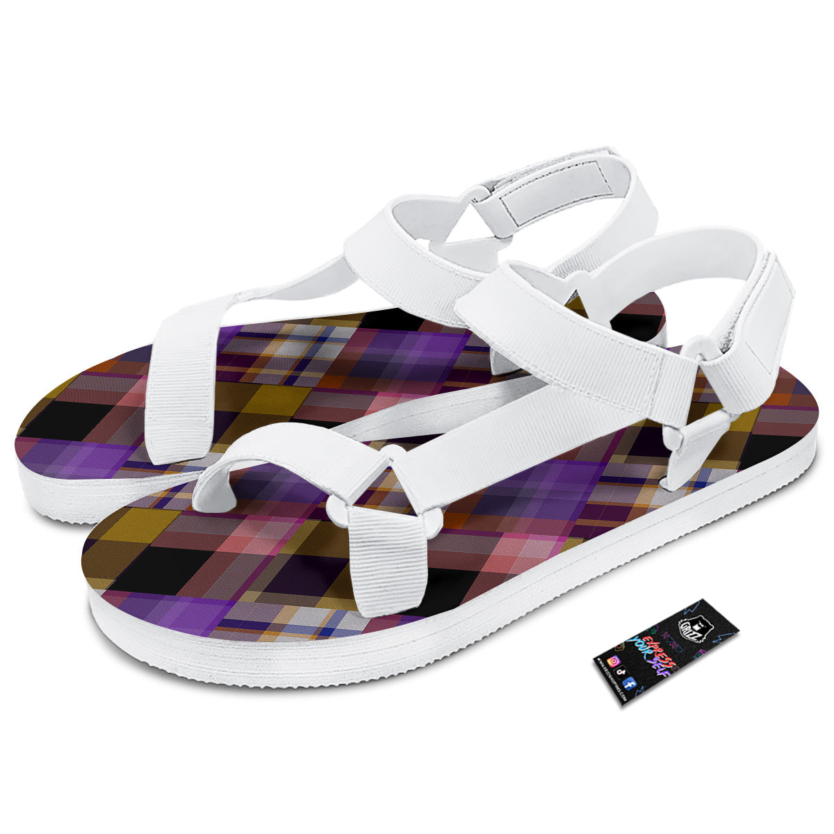 Diagonal Madras Tartan Plaid Print Pattern White Open Toe Sandals-grizzshop