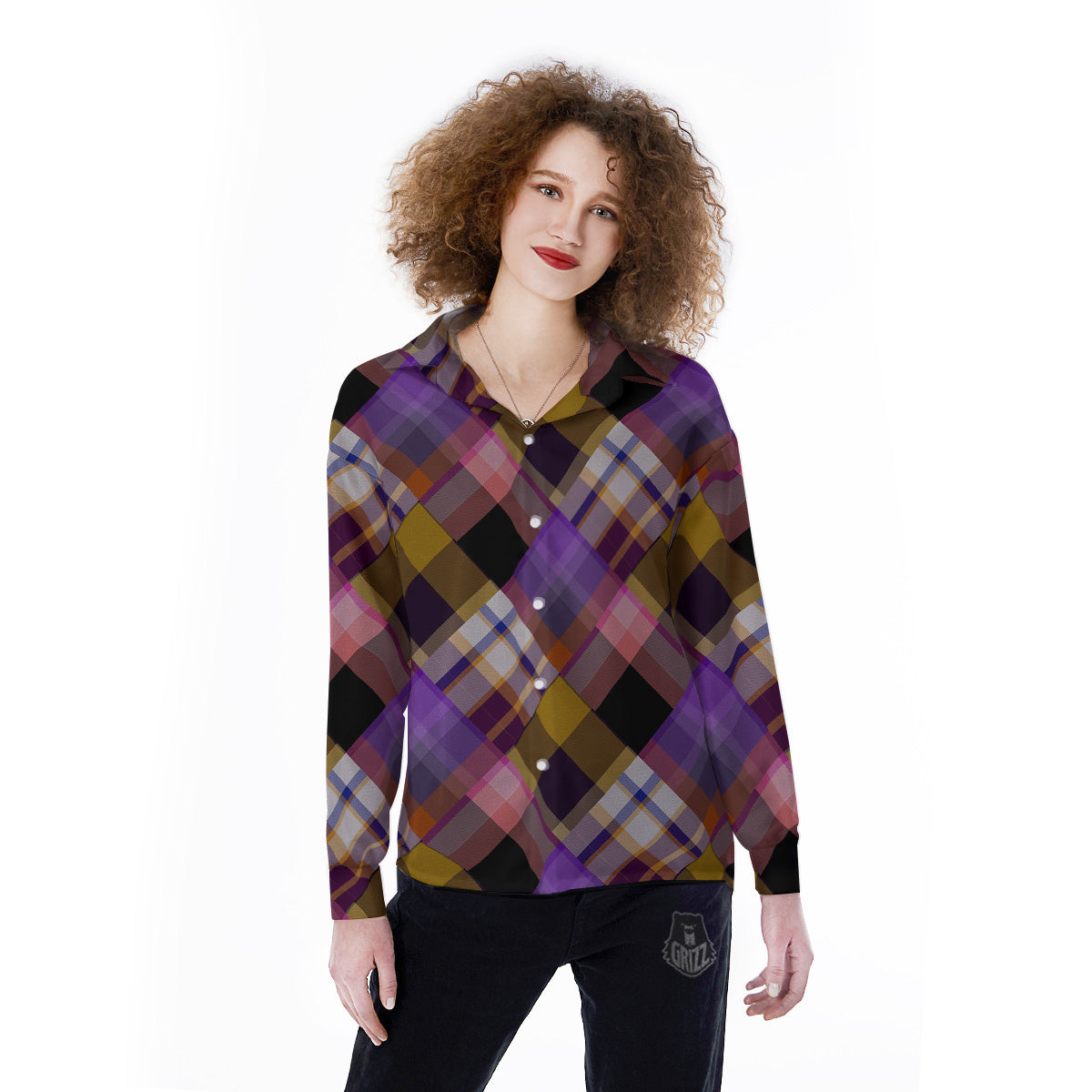 Diagonal Madras Tartan Plaid Print Pattern Women's Long Sleeve Shirts-grizzshop