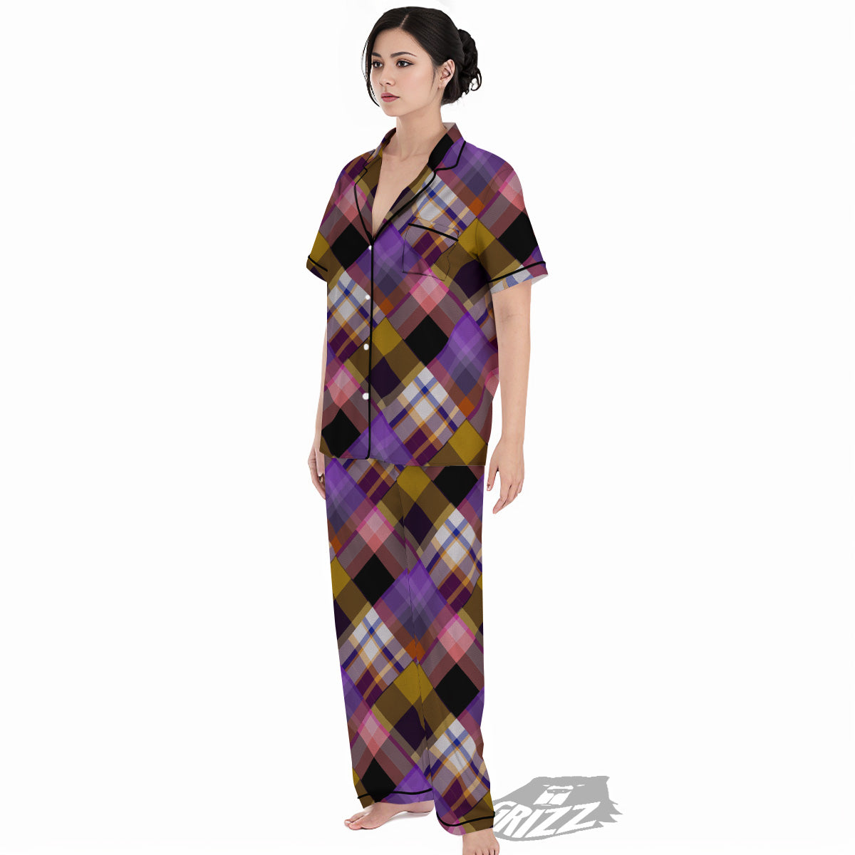 Diagonal Madras Tartan Plaid Print Pattern Women's Pajamas Set-grizzshop
