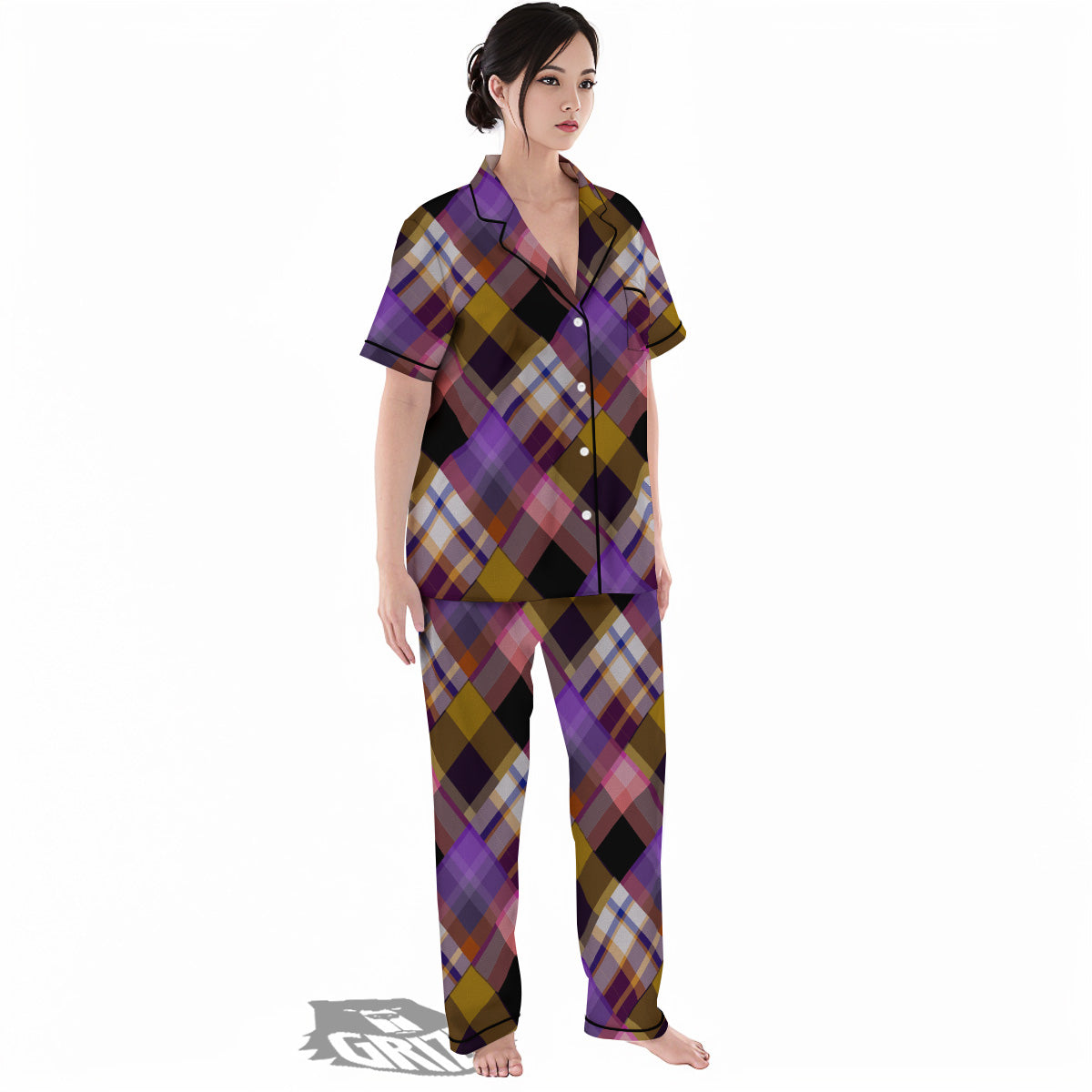 Diagonal Madras Tartan Plaid Print Pattern Women's Pajamas Set-grizzshop