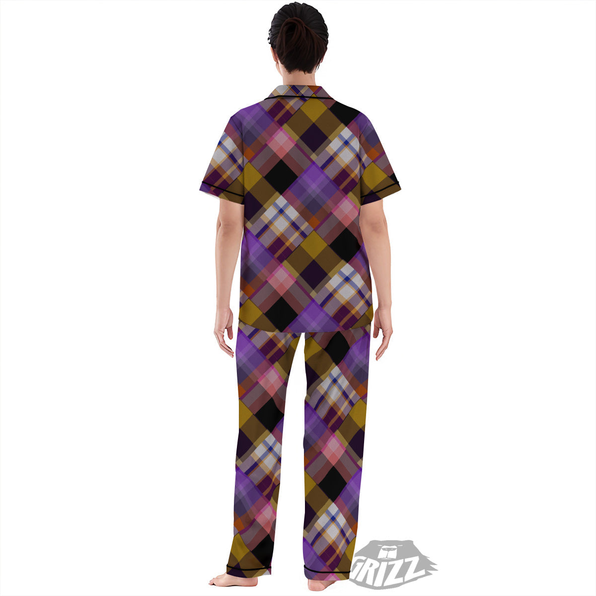 Diagonal Madras Tartan Plaid Print Pattern Women's Pajamas Set-grizzshop