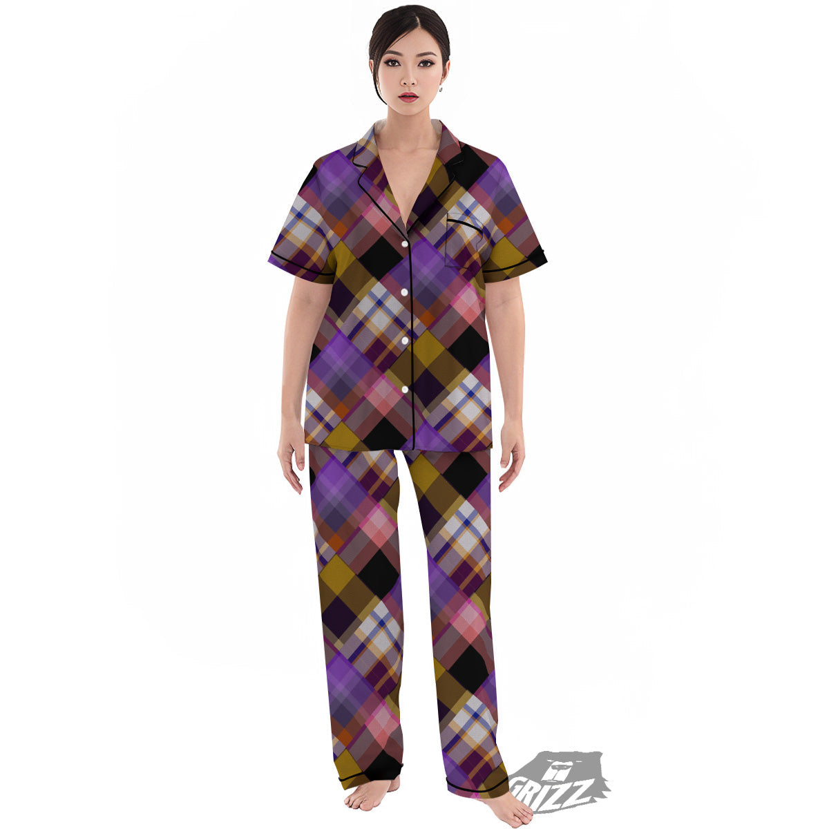 Diagonal Madras Tartan Plaid Print Pattern Women's Pajamas Set-grizzshop