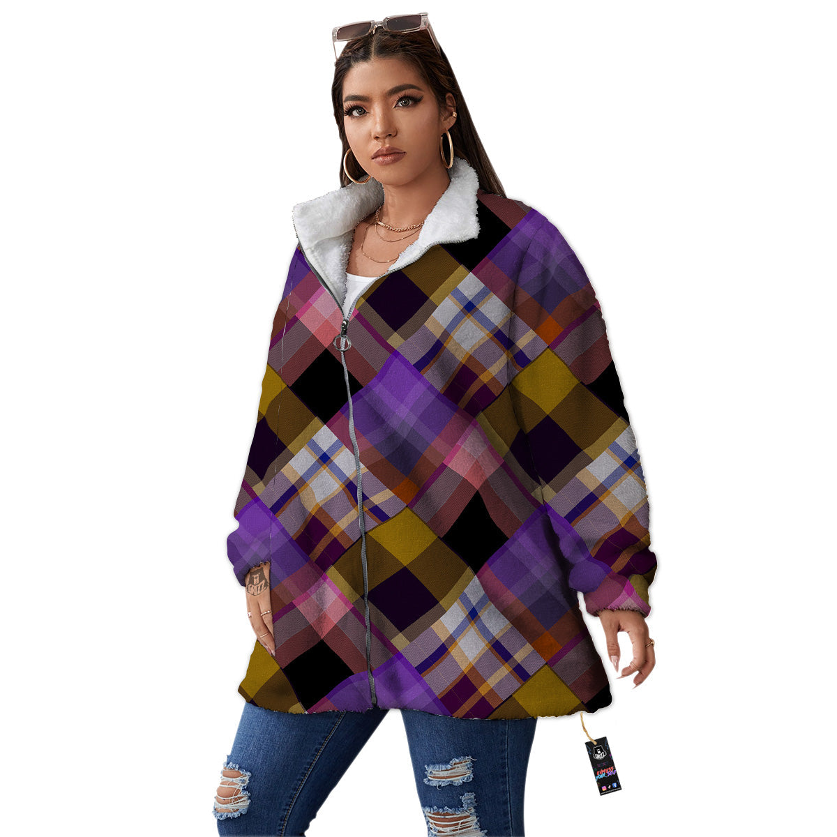 Diagonal Madras Tartan Plaid Print Pattern Women's Sherpa Jacket-grizzshop